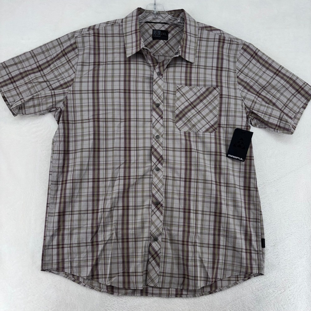 Magpul Rainey SS Plaid Shirt Mens 2XL Tan Brown Snap Front Short Sleeve MAG738